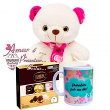 Kit Urso Rosa C/ Ferrero Rocher e Caneca