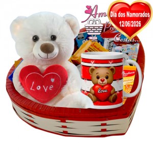 Cesta Coração C/ Urso Love Branco Cesta Coração C/ Urso Love Branco