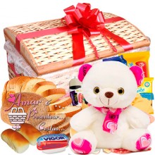 Baú Vermelho Especial C/ Salgados e Pães C/ Urso Rosa