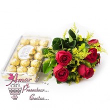 Buque 6 Rosas vermelhas com Ferrero Rocher Buque 6 Rosas vermelhas com Ferrero Rocher